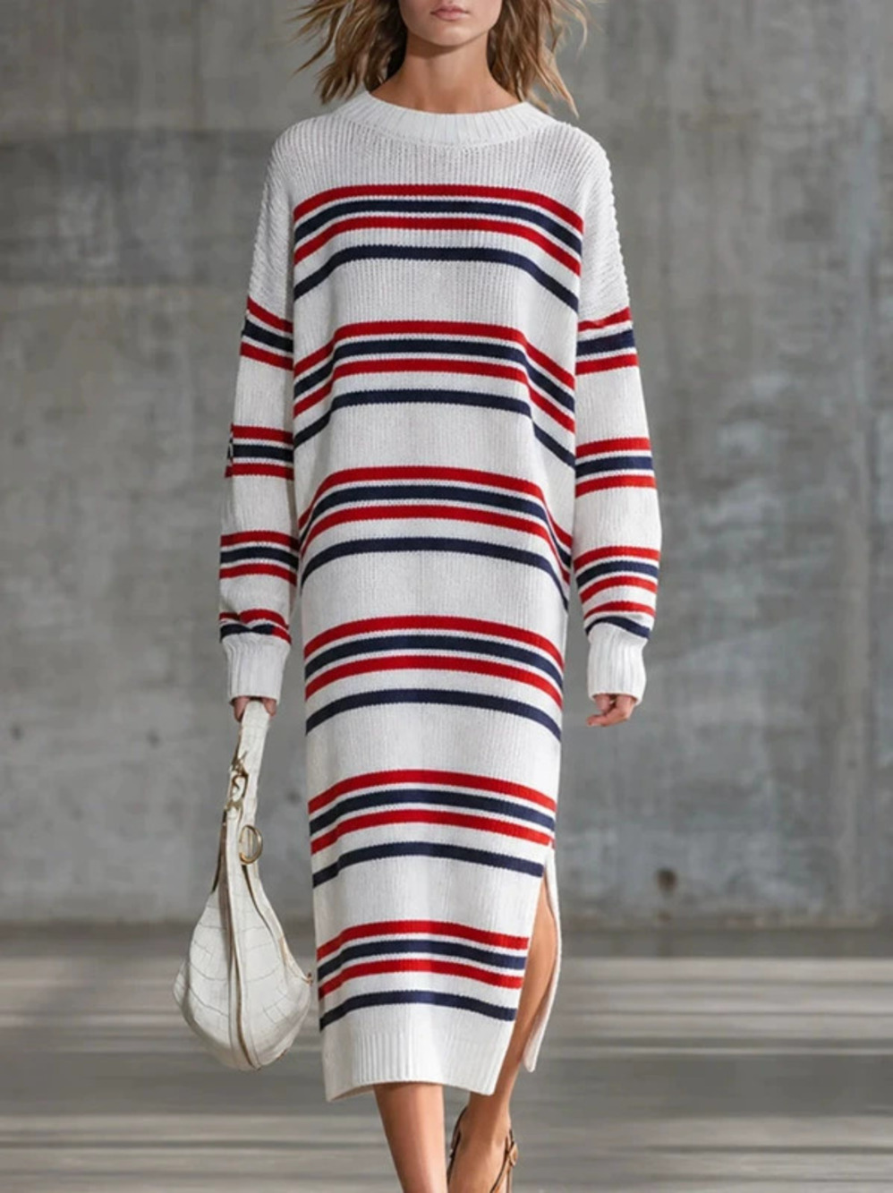 H&M   Retro Striped Long Sleeve Slit Midi Dress